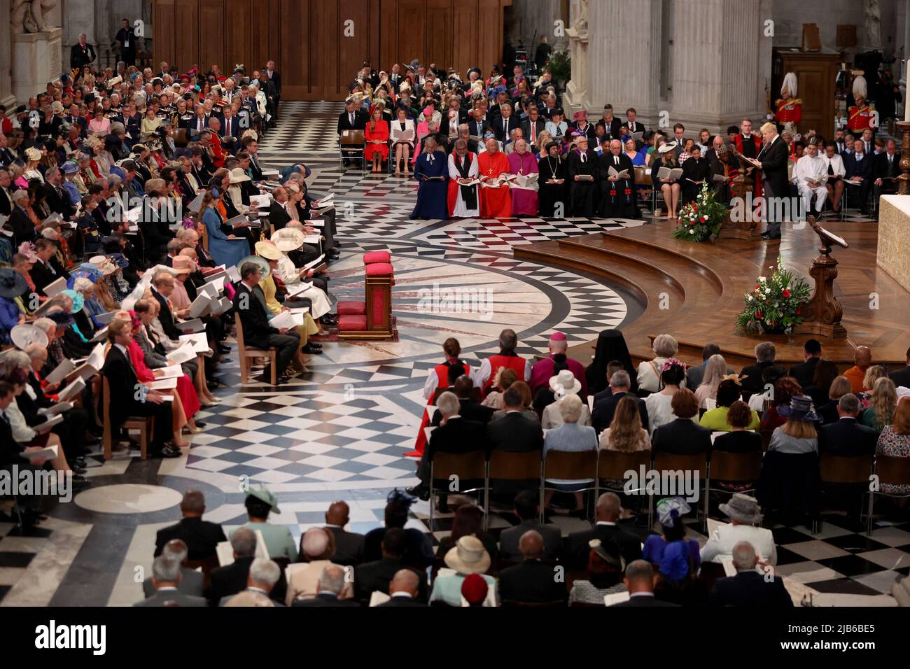 Prime Minister Boris Johnson gives a reading from the New Testament during the National Service of Thanksgiving at St Paul's Cathedral, London, on day two of the Platinum Jubilee celebrations for Queen Elizabeth II. Picture date: Friday June 3, 2022. Stock Photo