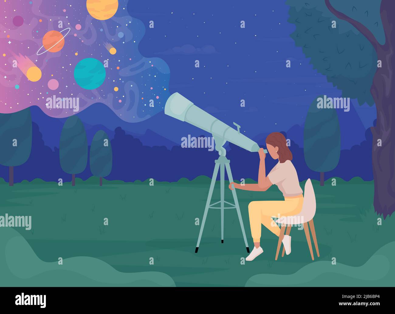 Young astronomer with telescope looking at celestial bodies flat color