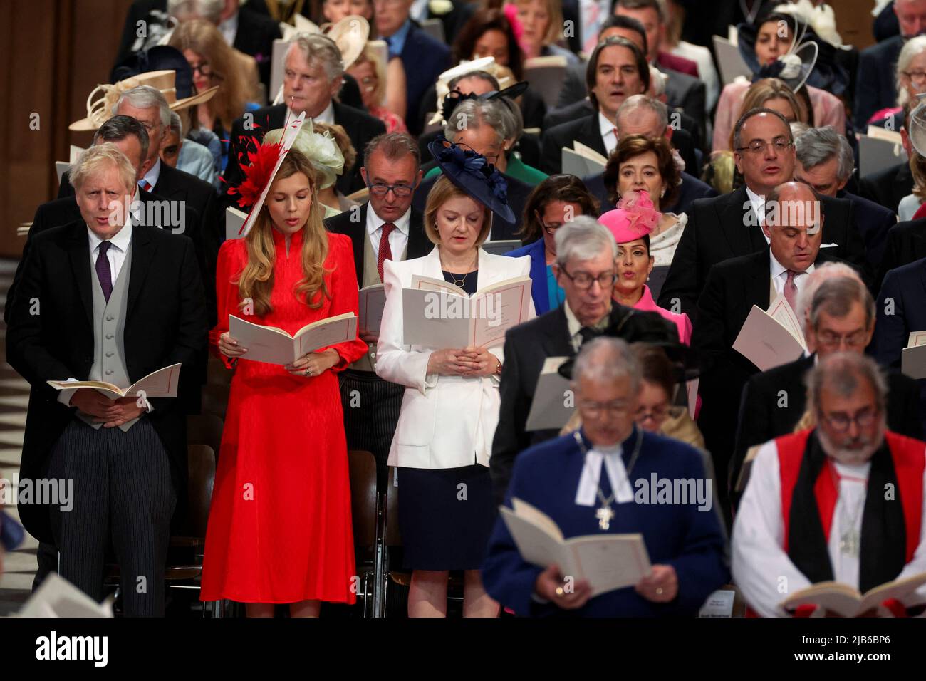 Prime Minister Boris Johnson, his wife Carrie Johnson (second left) and Foreign Secretary Liz Truss attend the National Service of Thanksgiving at St Paul's Cathedral, London, on day two of the Platinum Jubilee celebrations for Queen Elizabeth II. Picture date: Friday June 3, 2022. Stock Photo