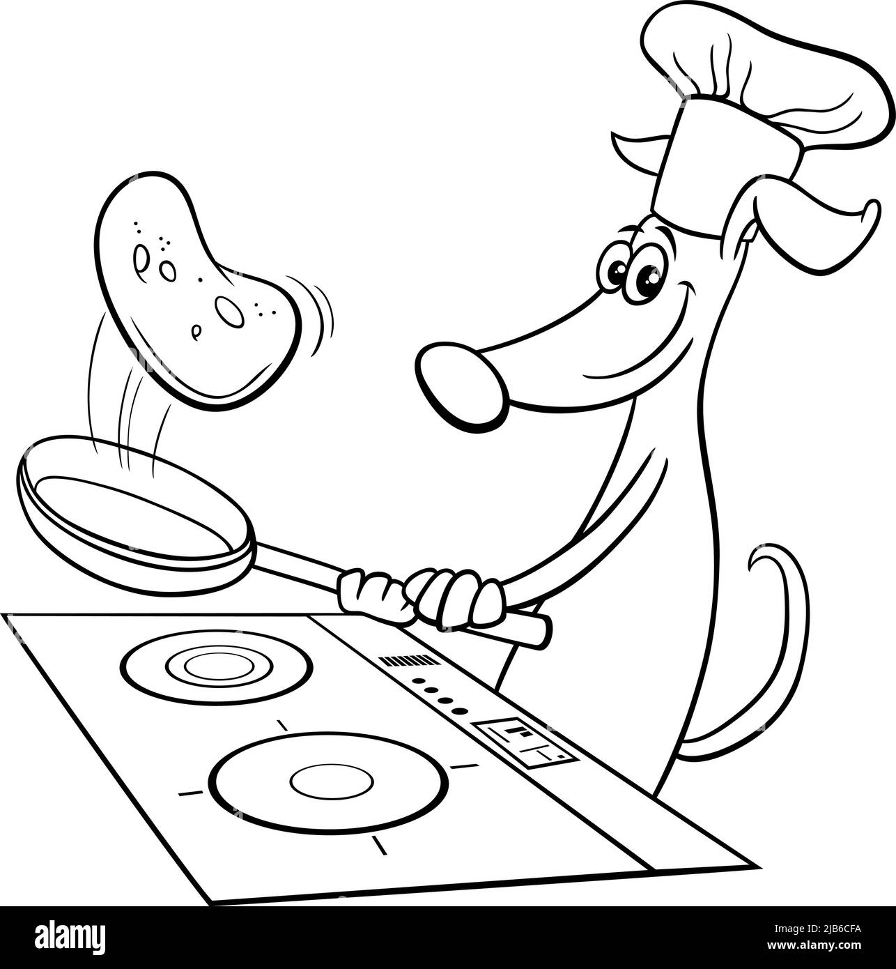 Black and white cartoon illustration of funny dog animal character frying pancakes coloring page Stock Vector