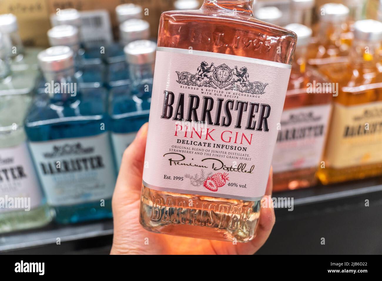 Tyumen, Russia-April 14 2022: Barrister pink gin made by Ladoga company ...