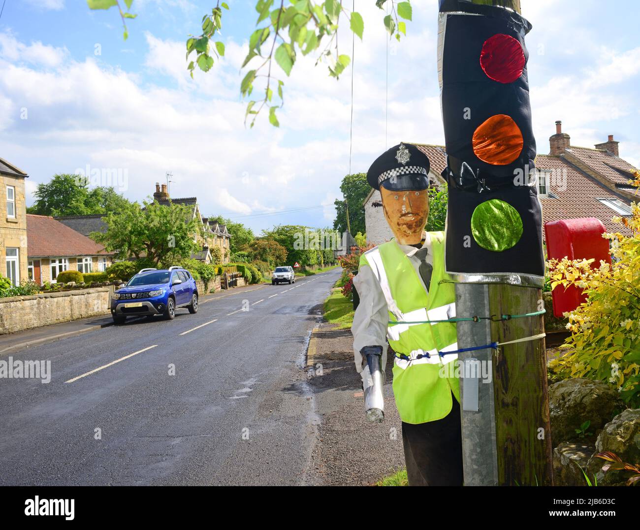 pretend policeman figure with hand held speed gun wass north yorkshire moors united kingdom Stock Photo