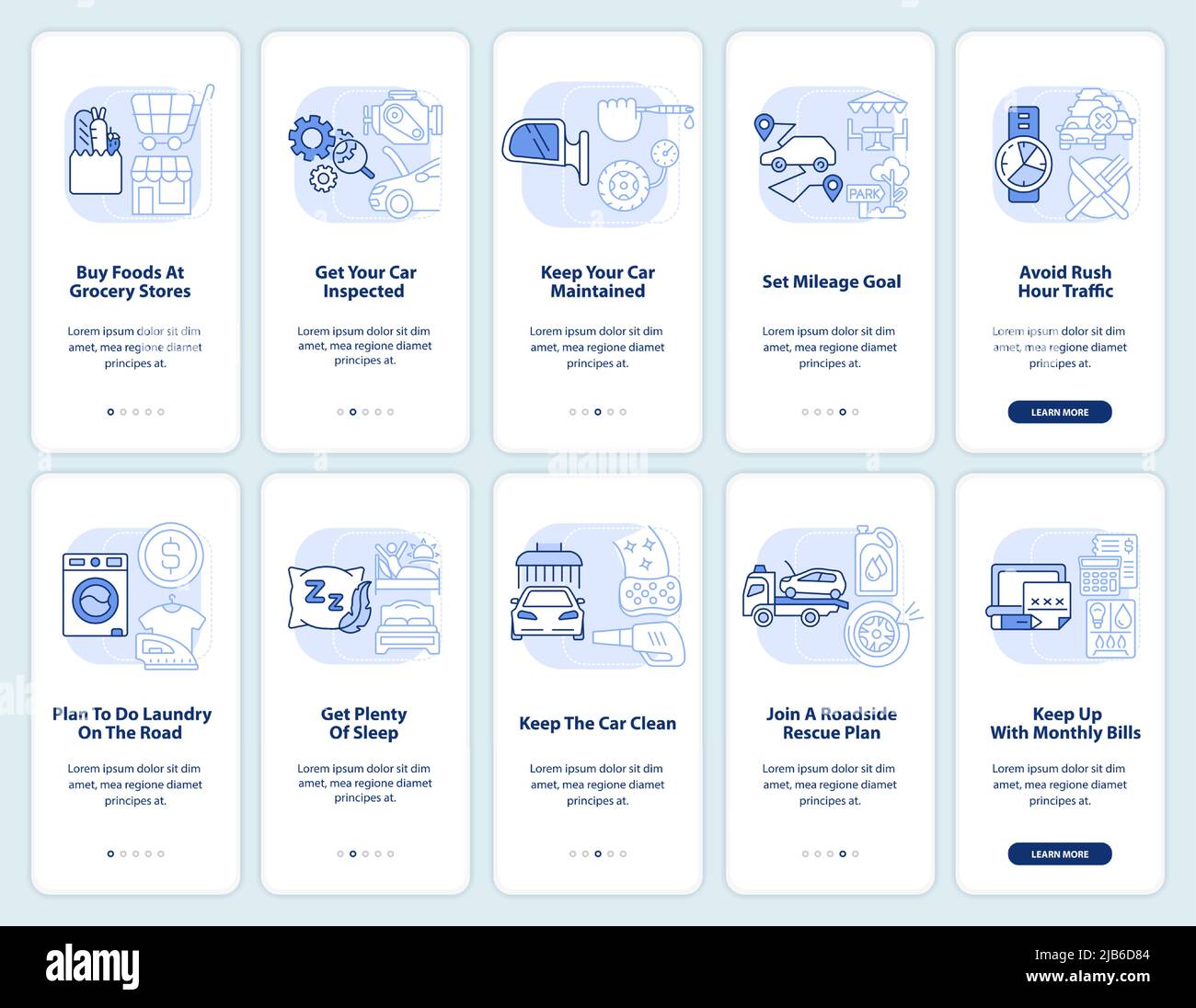 Road trip planning light blue onboarding mobile app screen set Stock ...