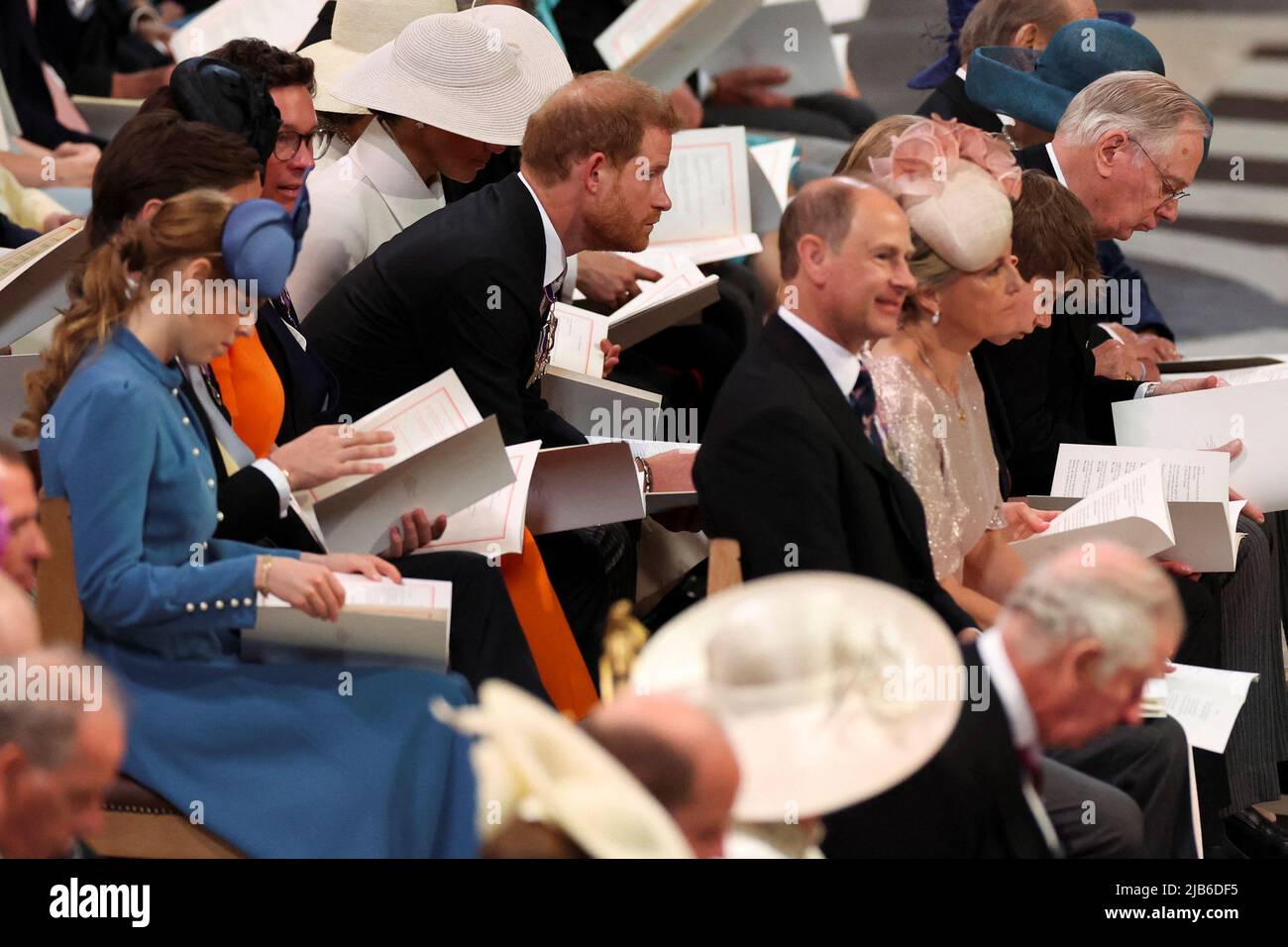 The Duke Sussex (centre) and Princess Beatrice attend the National Service of Thanksgiving at St Paul's Cathedral, London, on day two of the Platinum Jubilee celebrations for Queen Elizabeth II. Picture date: Friday June 3, 2022. Stock Photo