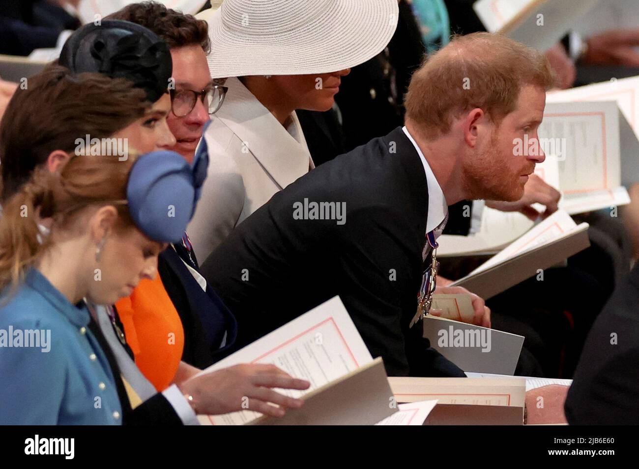 The Duke Sussex (centre) and Princess Beatrice attend the National Service of Thanksgiving at St Paul's Cathedral, London, on day two of the Platinum Jubilee celebrations for Queen Elizabeth II. Picture date: Friday June 3, 2022. Stock Photo