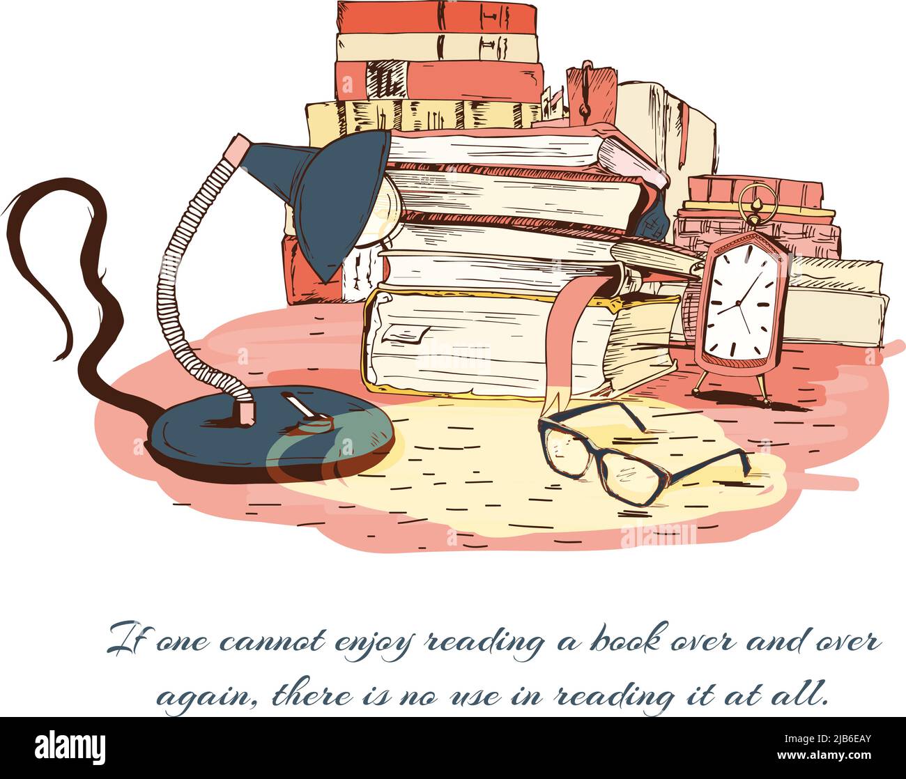 Books reading still life with glasses lamp and clock isolated vector ...