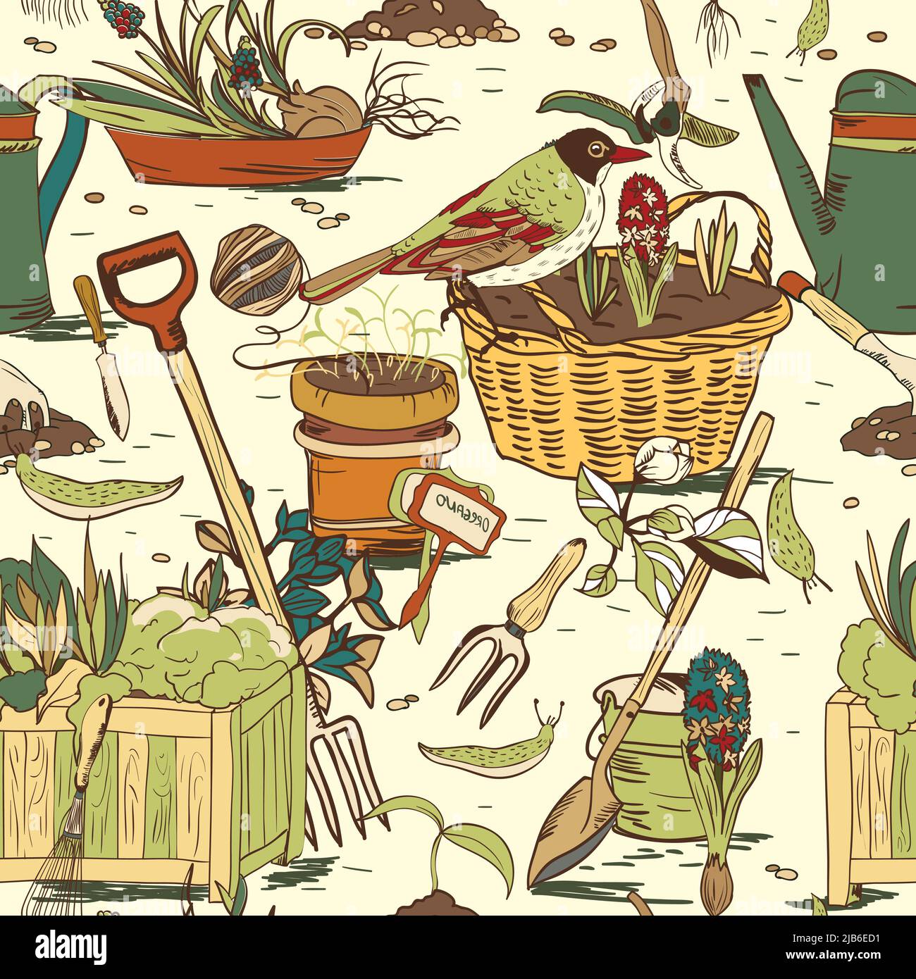 Hand drawn seamless gardening tools pattern background vector ...