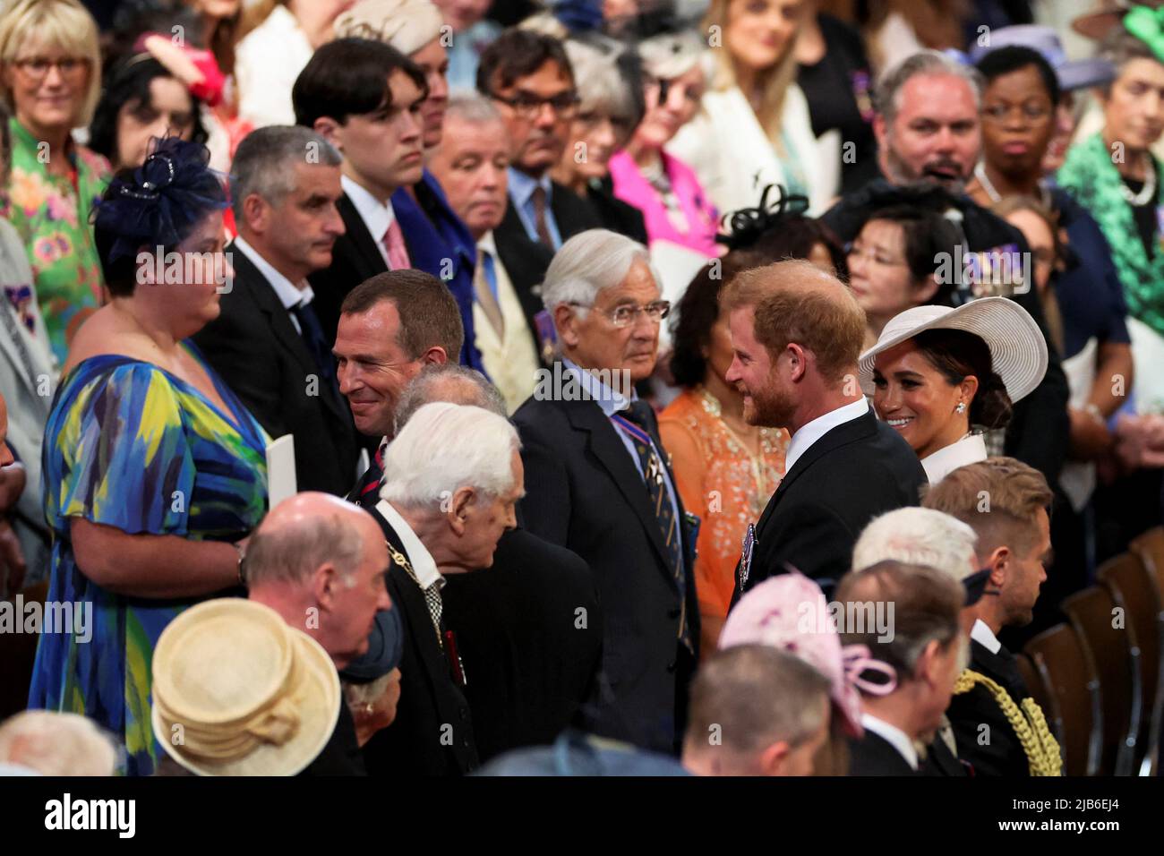 The Duke and Duchess of Sussex the leaving following the National Service of Thanksgiving at St Paul's Cathedral, London, on day two of the Platinum Jubilee celebrations for Queen Elizabeth II. Picture date: Friday June 3, 2022. Stock Photo