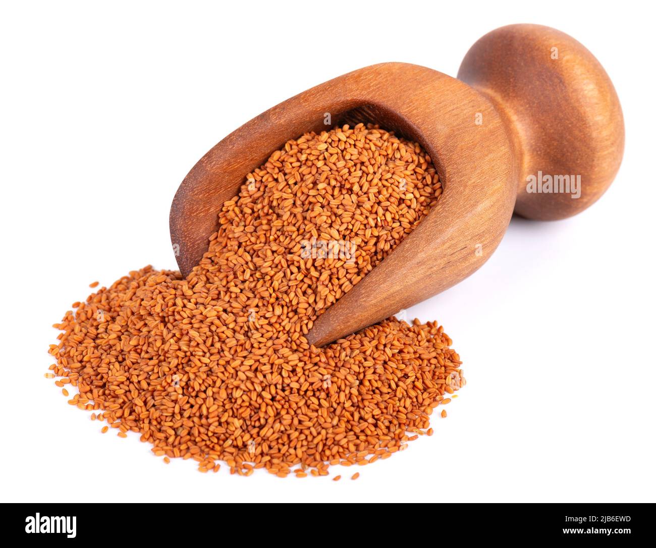 Camelina sativa seeds in wooden scoop, isolated on white background. Seeds of camelina or false flax. Raw material for camelina oil Stock Photo