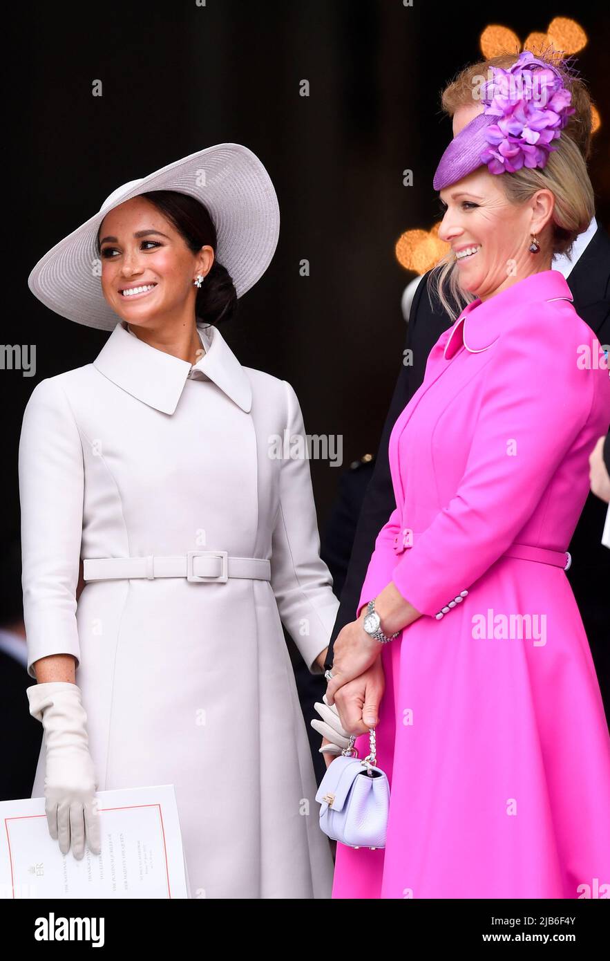 Meghan, Duchess of Sussex, and Zara Tindall leave after attending the  National Service of Thanksgiving at St Paul's Cathedral during the Queen's  Platinum Jubilee celebrations in London, Britain, June 3, 2022. REUTERS/Toby