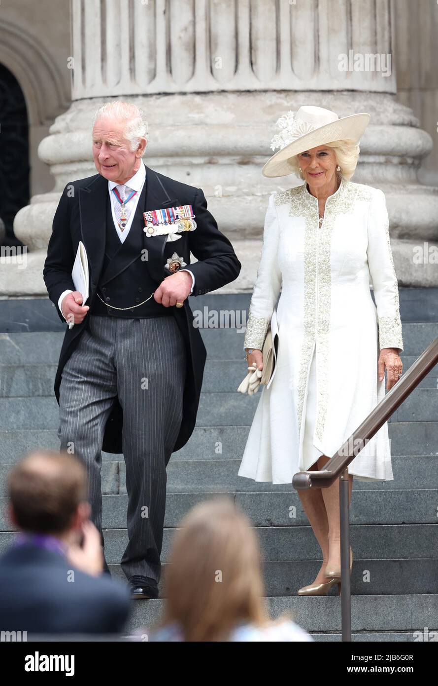 London, UK. 3rd June, 2022. Charles, Prince of Wales and Camilla, Duchess of Cornwall leaving a thanksgiving Service for HRH Queen Elizabeth II to celebrate her Platinum Jubilee at St Paul's Cathedral in London. Credit: James Boardman/Alamy Live News Stock Photo