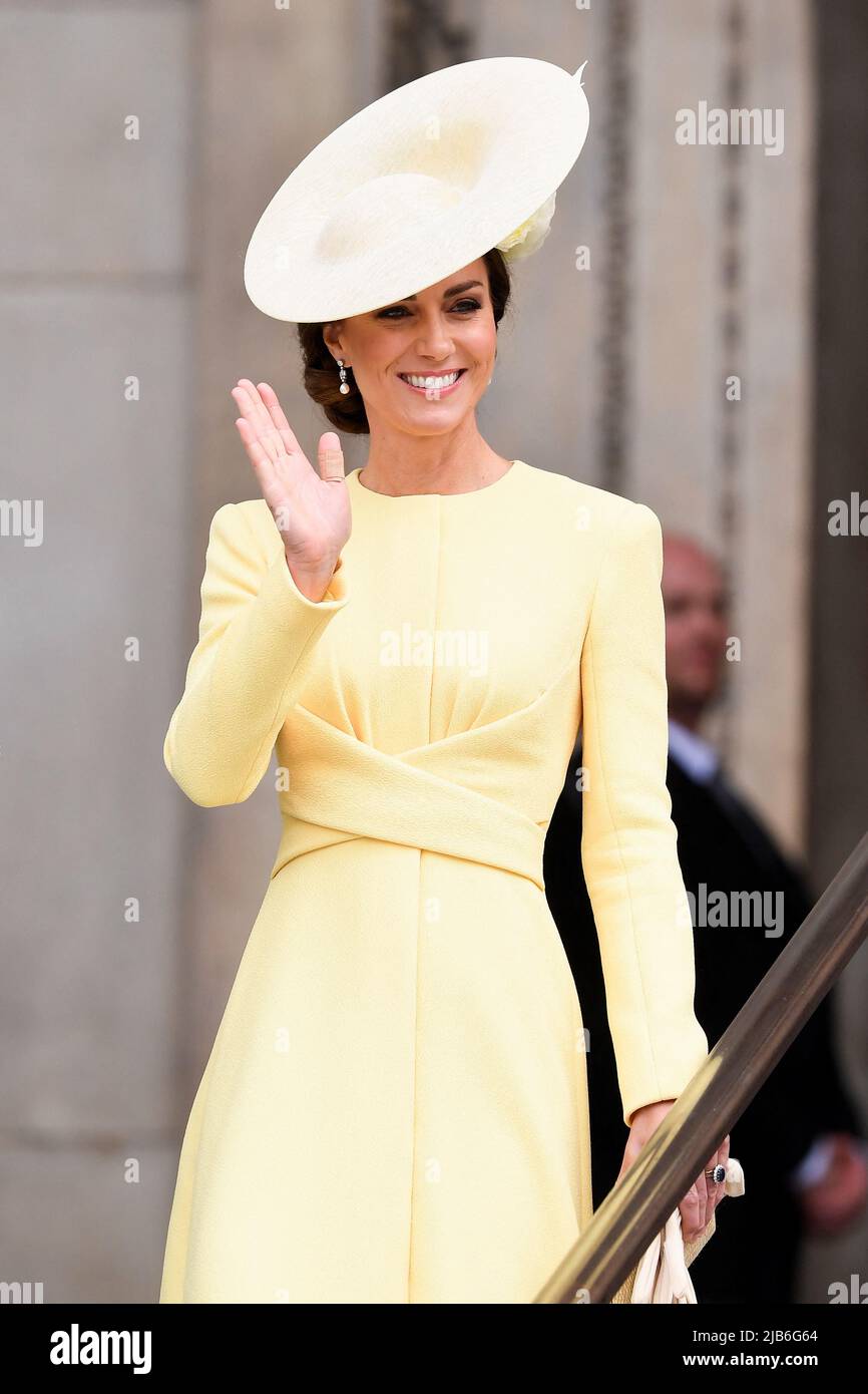 The Duchess of Cambridge leaving the National Service of Thanksgiving at St Paul's Cathedral, London, on day two of the Platinum Jubilee celebrations for Queen Elizabeth II. Picture date: Friday June 3, 2022. Stock Photo