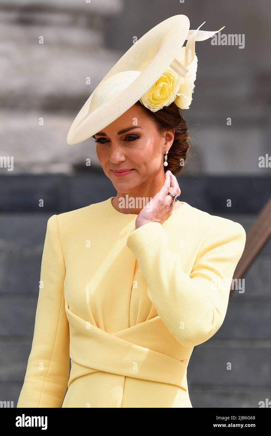 The Duchess of Cambridge leaving the National Service of Thanksgiving at St Paul's Cathedral, London, on day two of the Platinum Jubilee celebrations for Queen Elizabeth II. Picture date: Friday June 3, 2022. Stock Photo