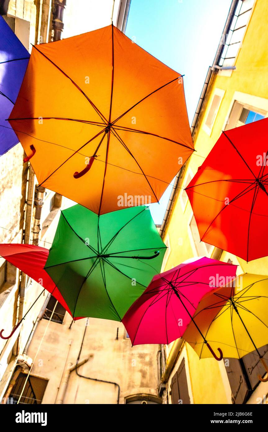 Street umbrella display in Beziers, France Stock Photo