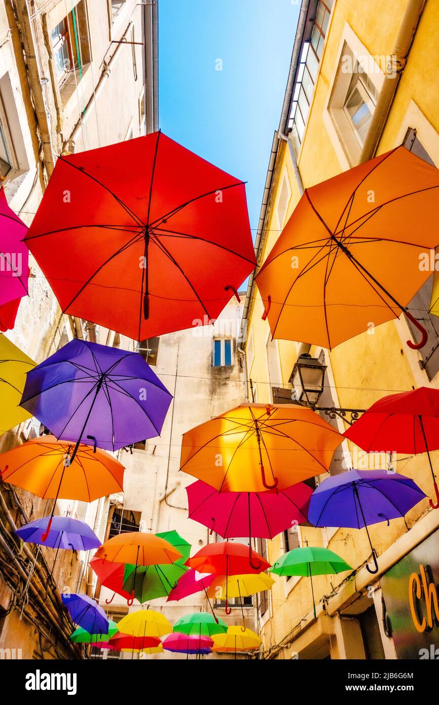 Street umbrella display in Beziers, France Stock Photo