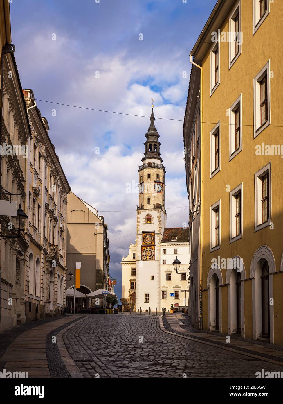 View to the tower of the city hall in Goerlitz, Germany. Stock Photo