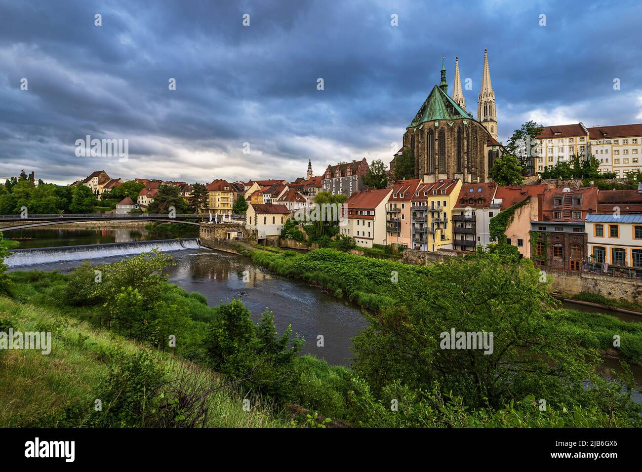 View over the river Neiße to the church Peterskirche in Goerlitz, Germany. Stock Photo