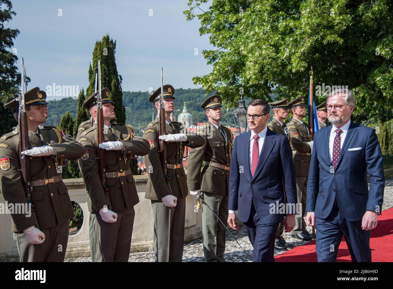 Prague, Czech Republic. 03rd June, 2022. Prime minister of Poland Mateusz Morawiecki (L) and Czech prime minister Petr Fiala (R) are seen walking with Military officers on standby. Joint meeting of Czech and Polish governments take place on the 3rd of June in Prague. Members of both governments discuss the current situation in Ukraine, common energy security, the upcoming Czech presidency of the Council of the European Union, and other topics. (Photo by Tomas Tkacik/SOPA Images/Sipa USA) Credit: Sipa USA/Alamy Live News Stock Photo