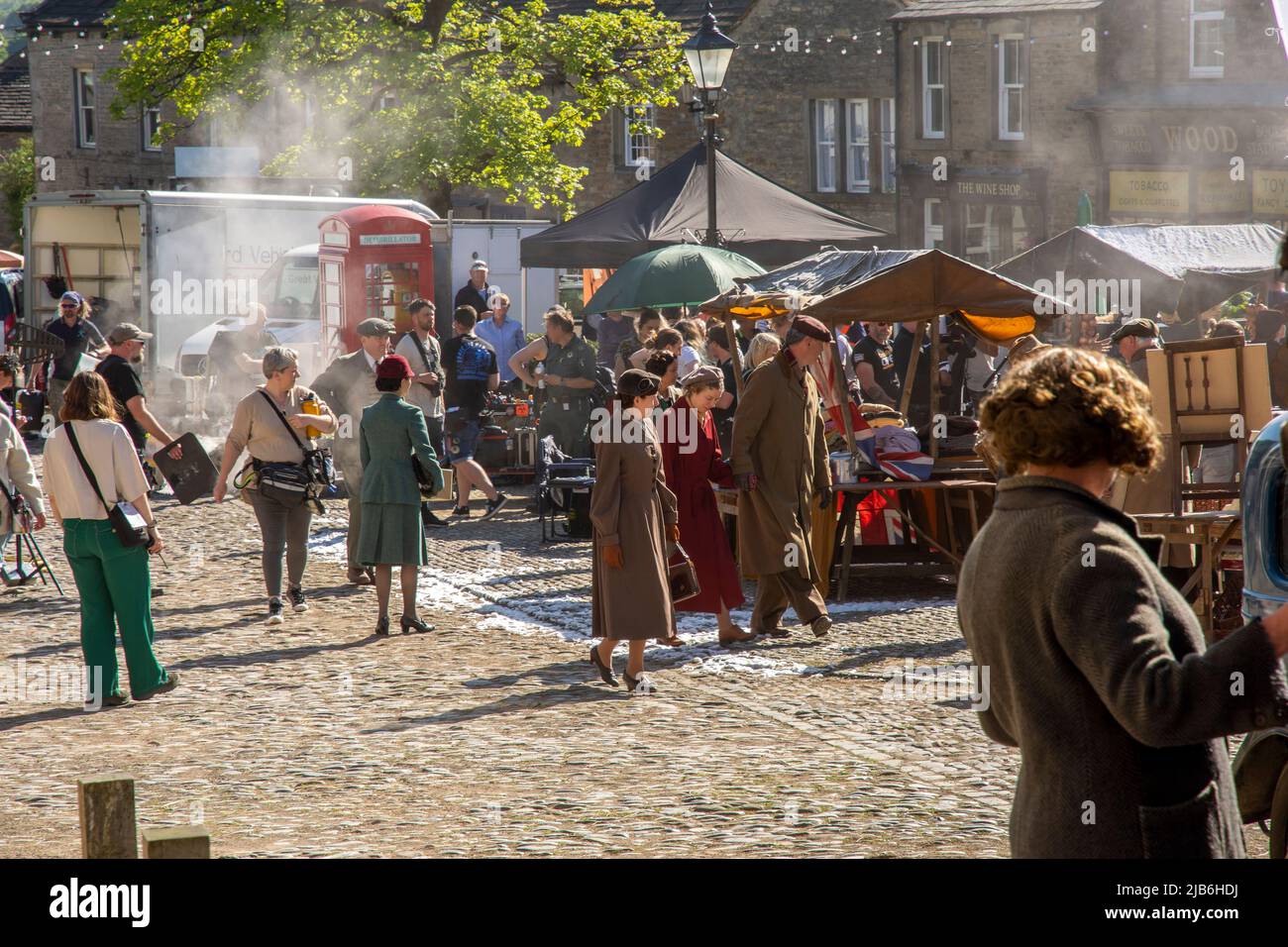 The filming of the TV series All Creatures Great and Small for a Christmas edition in the village of Grassington  a market town and civil parish in th Stock Photo