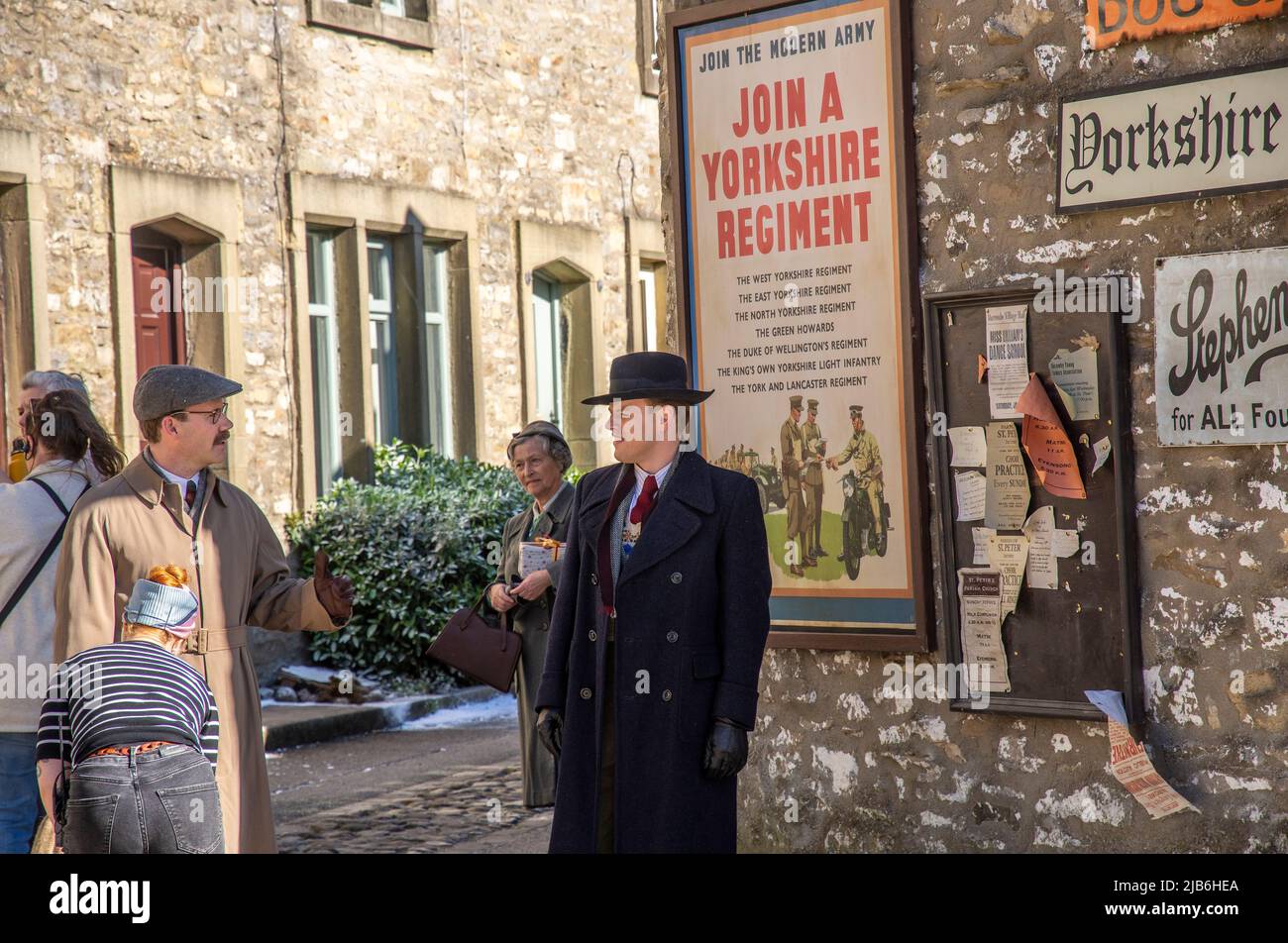 The filming of the TV series All Creatures Great and Small for a Christmas edition in the village of Grassington  a market town and civil parish in th Stock Photo