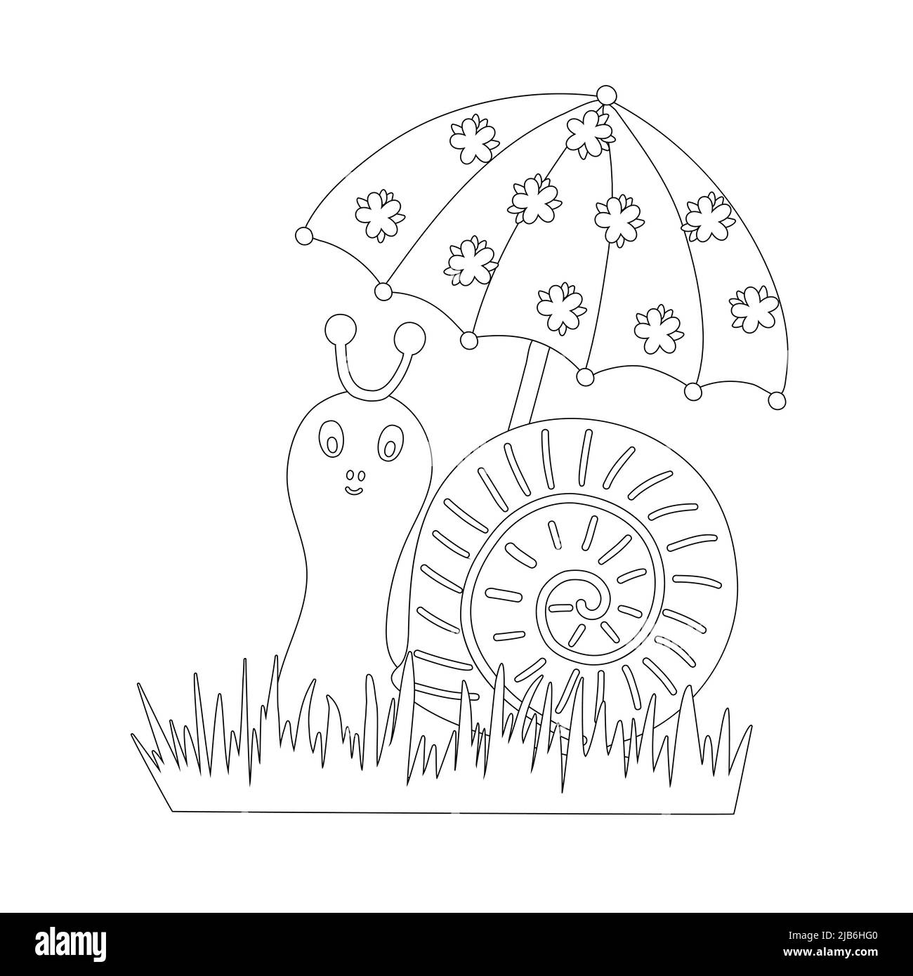 Cute snail with decorated umbrella simple outline cartoon coloring page vector illustration, wild animal funny character for kids leisure activity, worksheet Stock Vector