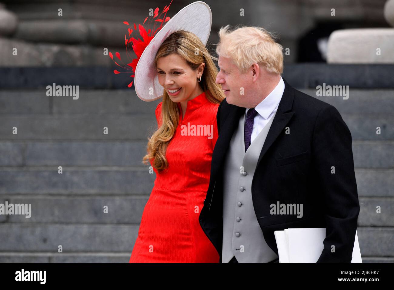 British Prime Minister Boris Johnson and his wife Carrie Johnson leaving the National Service of Thanksgiving at St Paul's Cathedral, London, on day two of the Platinum Jubilee celebrations for Queen Elizabeth II. Picture date: Friday June 3, 2022. Stock Photo