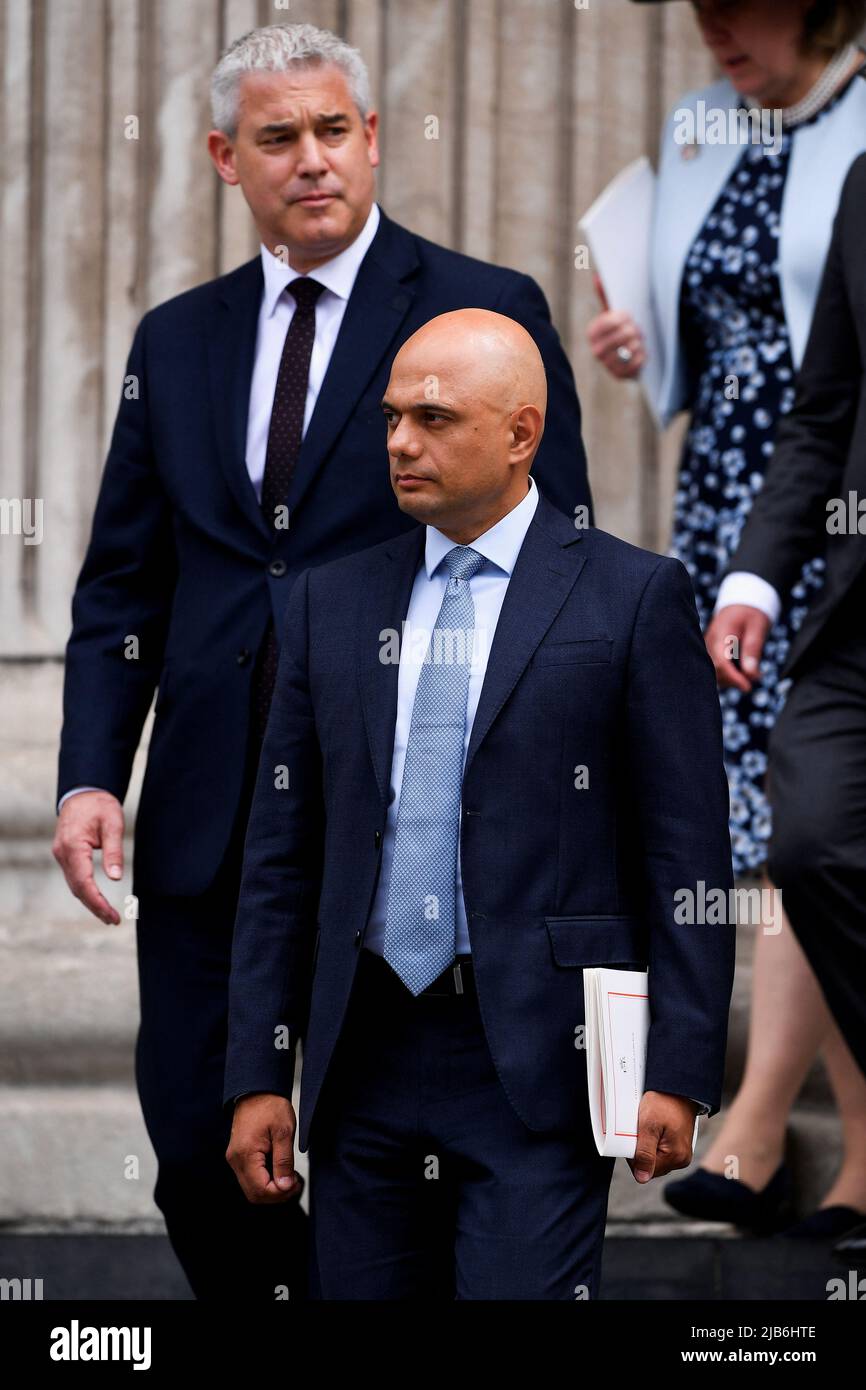 Health Secretary Sajid Javid leaving the National Service of Thanksgiving at St Paul's Cathedral, London, on day two of the Platinum Jubilee celebrations for Queen Elizabeth II. Picture date: Friday June 3, 2022. Stock Photo