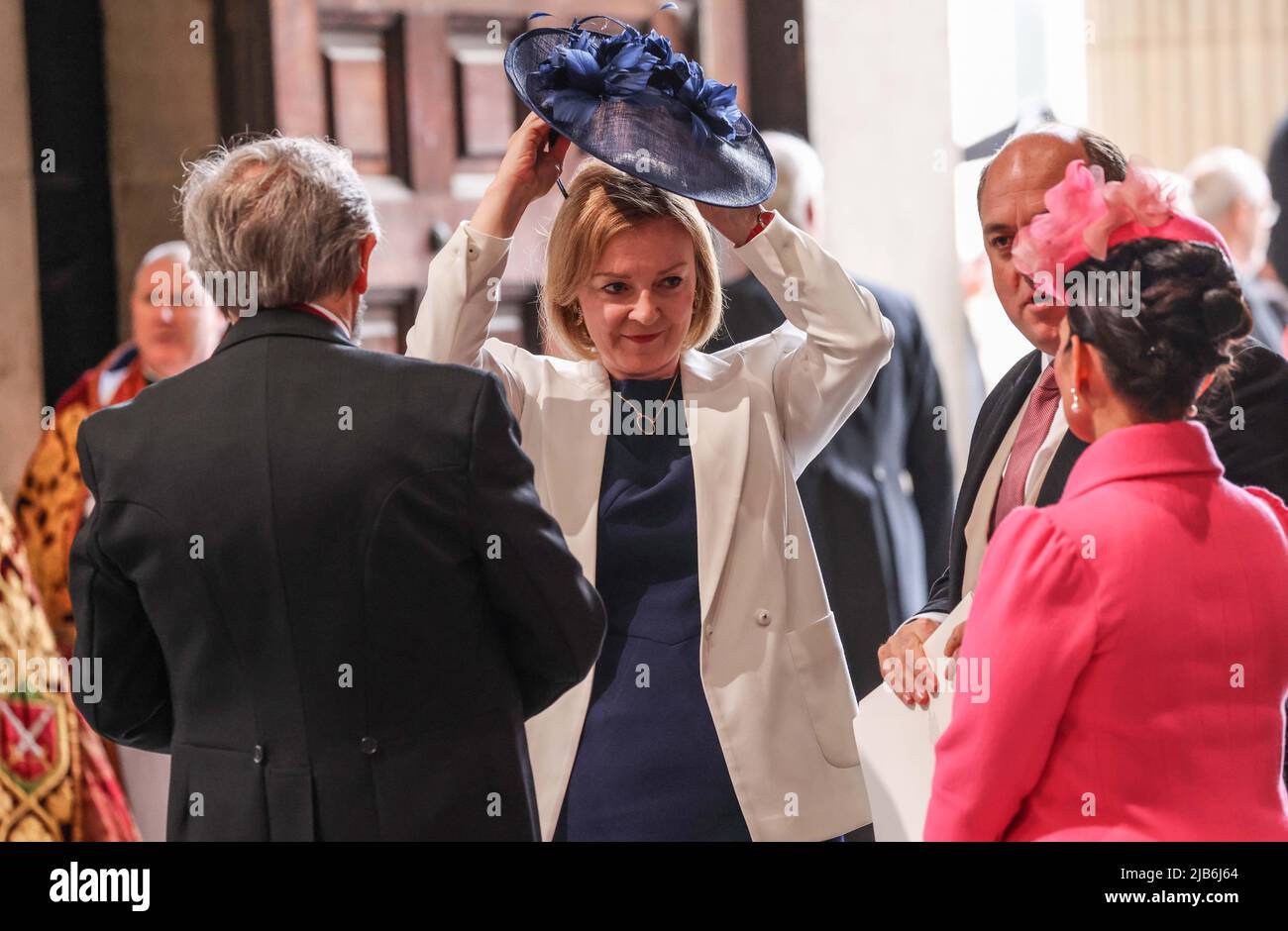Foreign Secretary Liz Truss, Home Secretary Priti Patel and Defence Secretary Ben Wallace arriving for the National Service of Thanksgiving at St Paul's Cathedral, London, on day two of the Platinum Jubilee celebrations for Queen Elizabeth II. Picture date: Friday June 3, 2022. Stock Photo