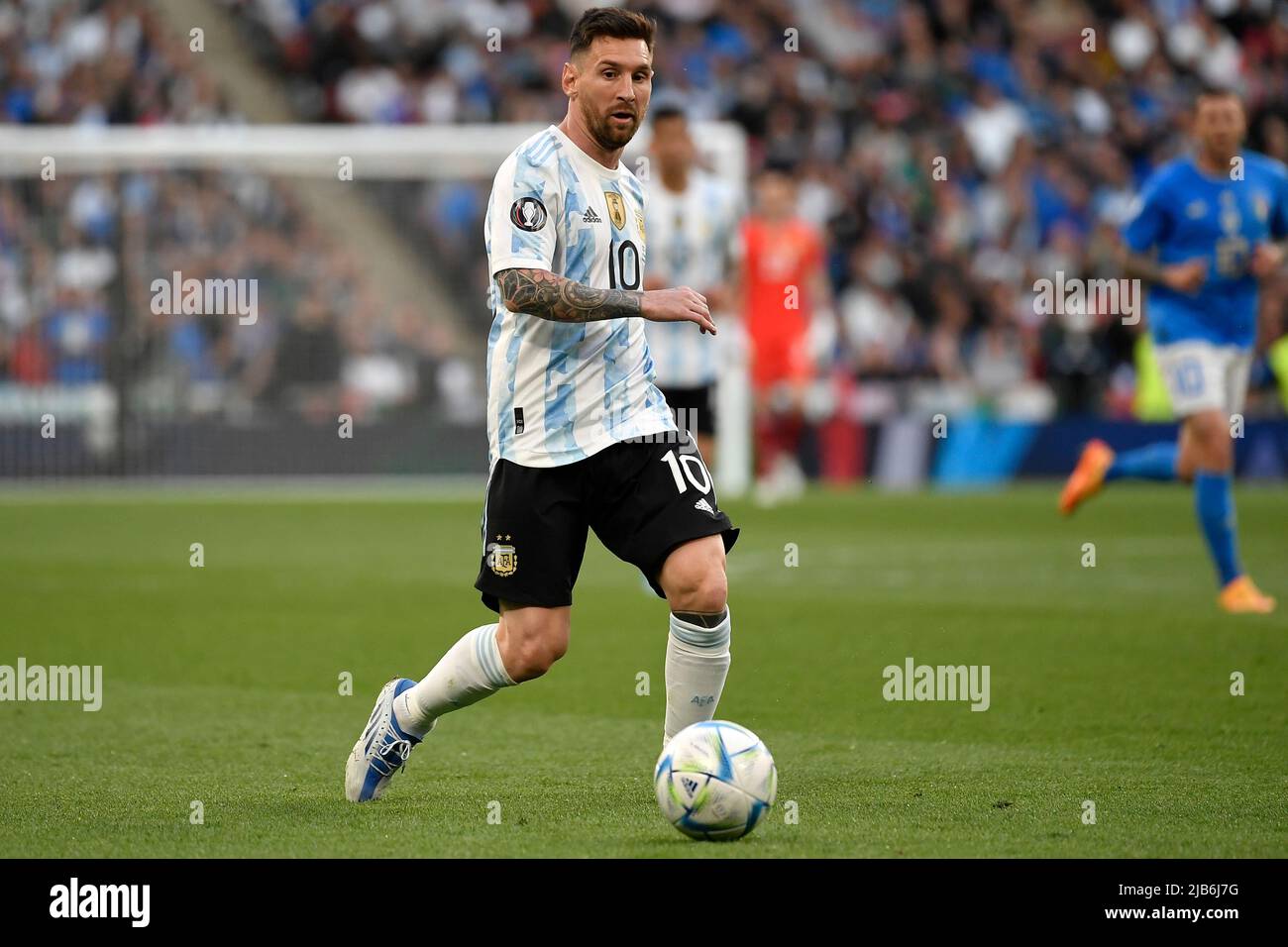 Lionel Messi of Argentina in action during the Finalissima trophy 2022  football match between Italy and Argentina at Wembley stadium in London,  Englan Stock Photo - Alamy