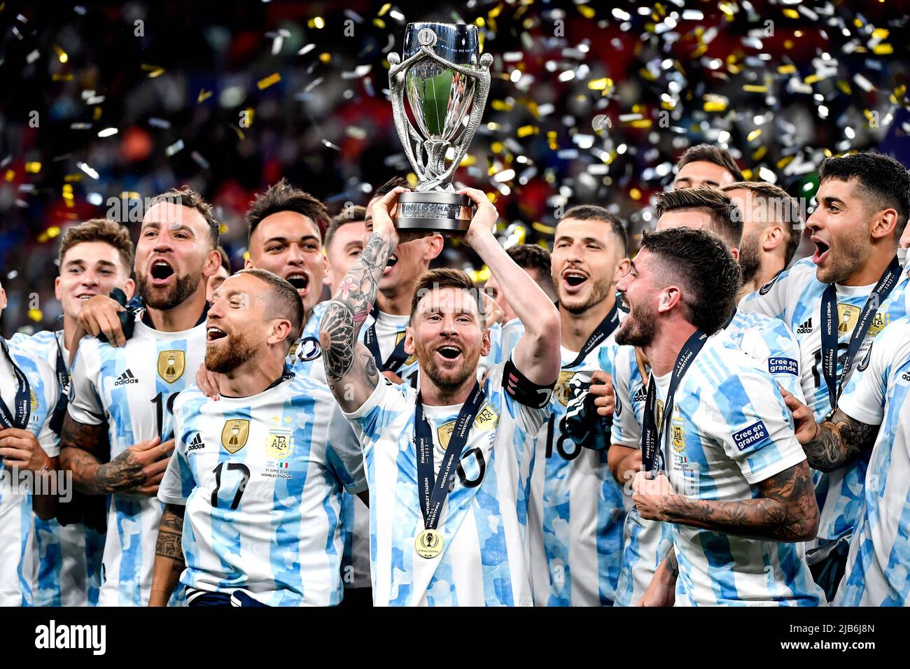 Lionel Messi of Argentina and teammates celebrate with the trophy at the end of the Finalissima trophy 2022 football match between Italy and Argentina Stock Photo