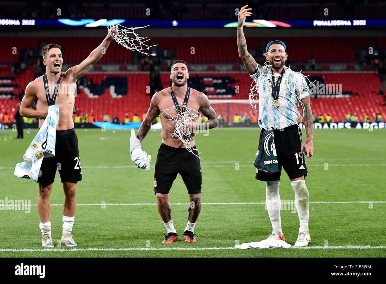 Giovani Lo Celso, Rodrigo De Paul and Nicolas Otamendi of Argentina celebrate at the end of the Finalissima trophy 2022 football match between Italy a Stock Photo