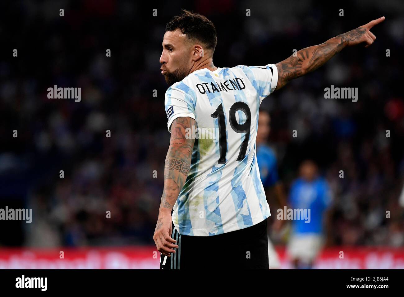 Nicolas Otamendi of Argentina reacts during the Finalissima trophy 2022 football match between Italy and Argentina at Wembley stadium in London, Engla Stock Photo
