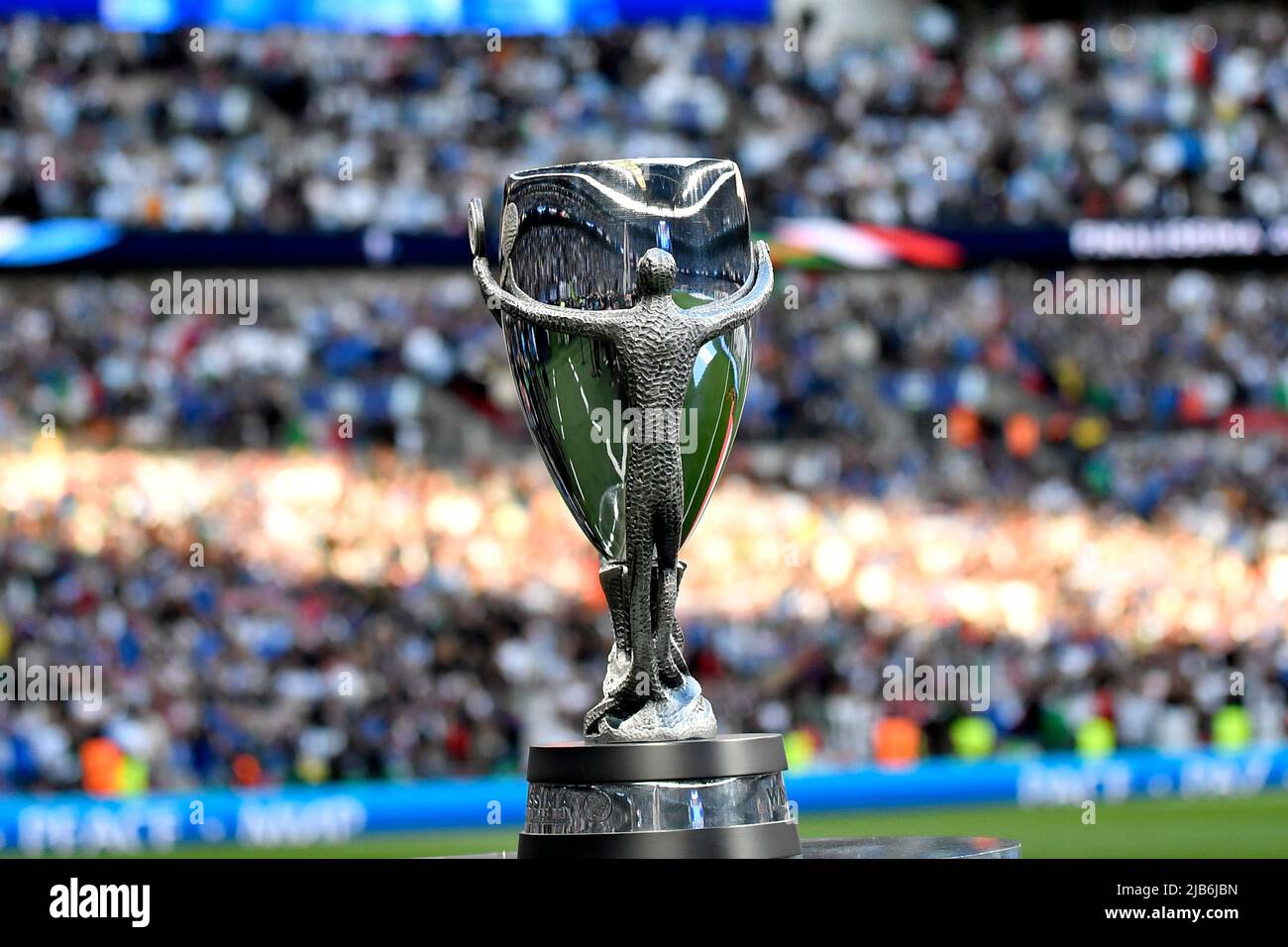 The trophy is seen during the Finalissima trophy 2022 football match