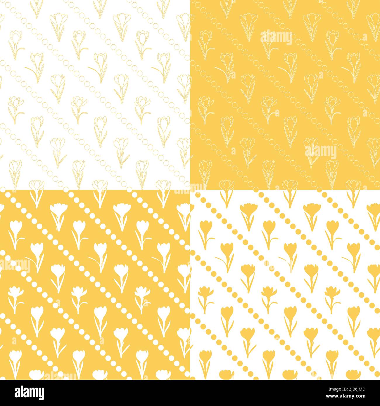 Set of seamless patterns with yellow crocus flowers, saffron. Vector background. Stock Vector