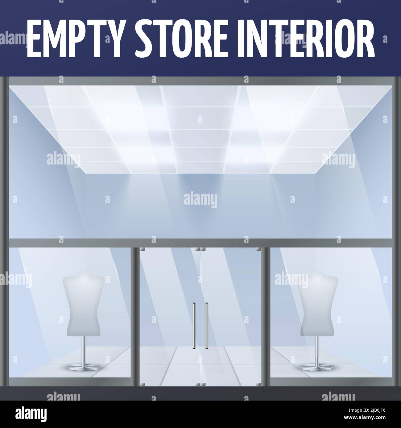 Illuminated empty department store building interior with dress forms