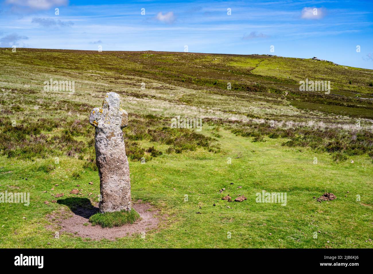 Bennett's Cross is one of a number of ancient stone crosses erected as navigation aids on remote moorland routes. Stock Photo