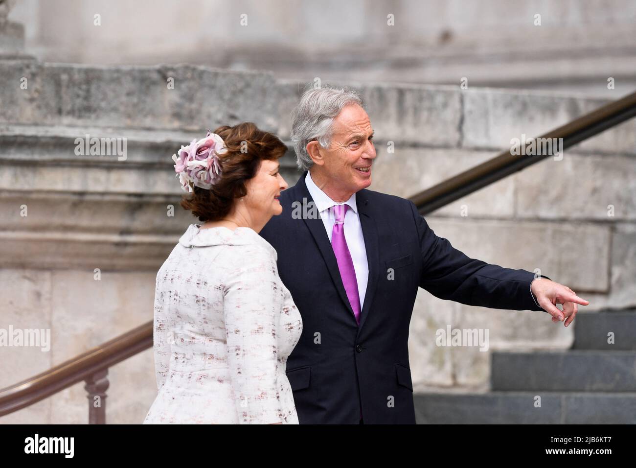 Former Prime Minister Tony Blair and his wife Cherie Blair leaving the National Service of Thanksgiving at St Paul's Cathedral, London, on day two of the Platinum Jubilee celebrations for Queen Elizabeth II. Picture date: Friday June 3, 2022. Stock Photo