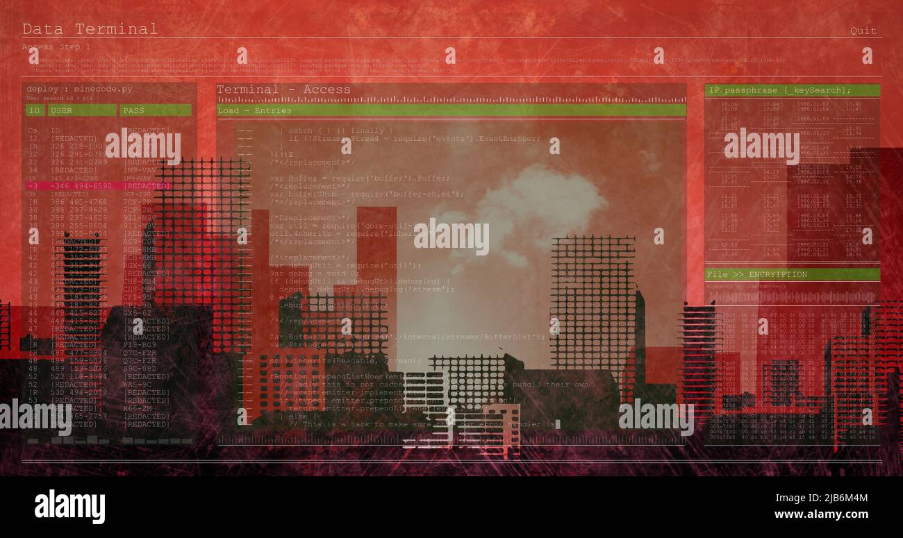 Image of data processing over cityscape on red background Stock Photo