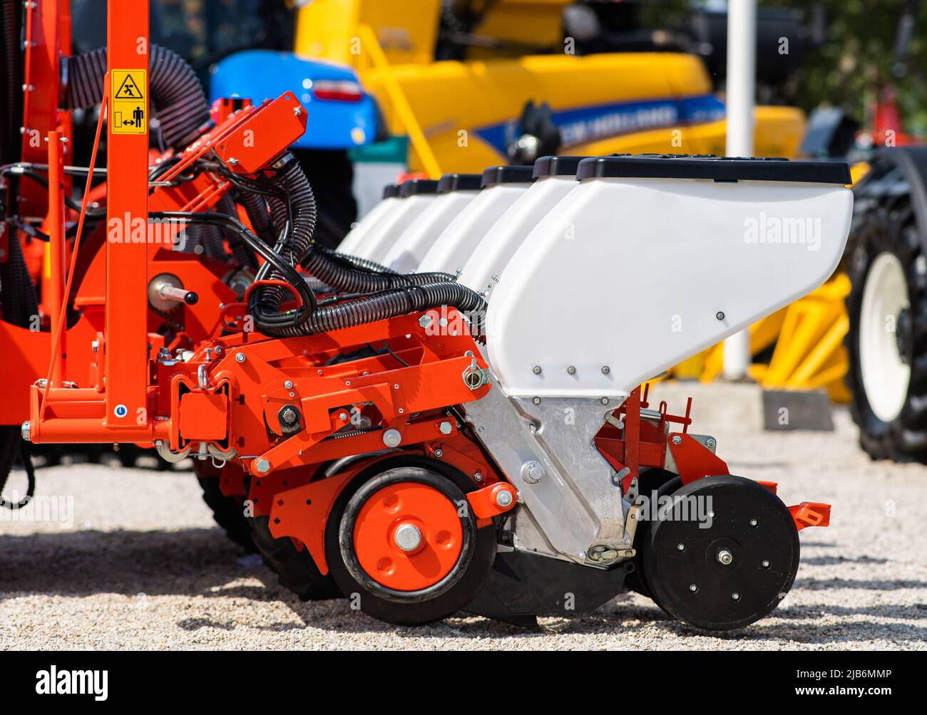 Close up of new sowing machine. Cereals seeding smart technology in agriculture Stock Photo