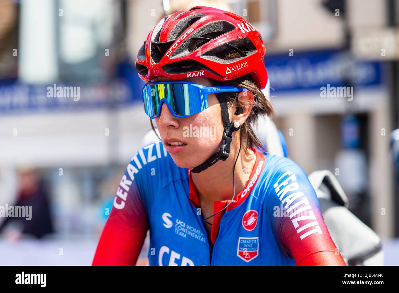 Sandra Alonso of Ceratizit WNT Pro Cycling after finishing at the RideLondon Classique cycle race stage 1, at Maldon, Essex, UK Stock Photo