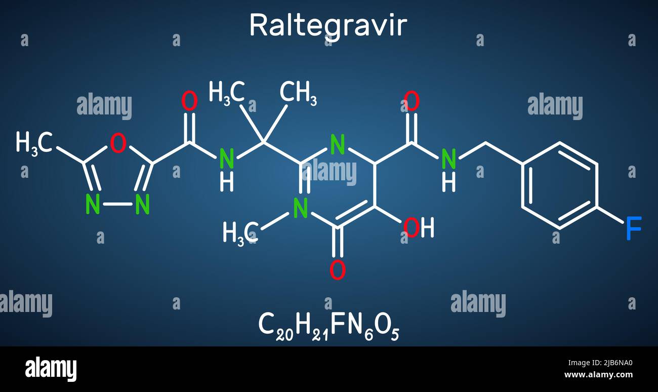 Raltegravir, RAL molecule. It is antiretroviral medication, used to treat HIV, AIDS. Structural chemical formula on the dark blue background. Vector i Stock Vector