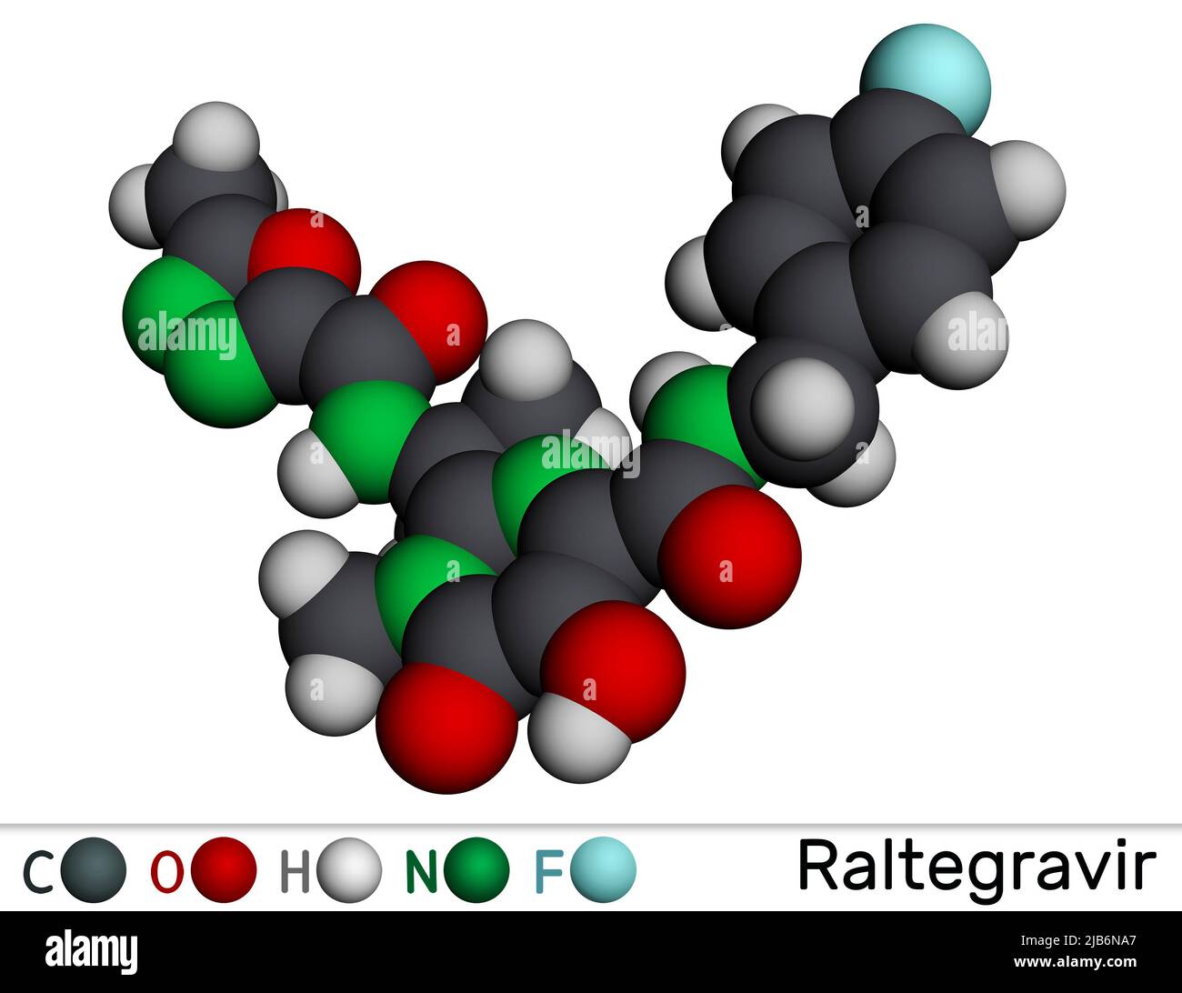 Raltegravir, RAL molecule. It is antiretroviral medication, used to treat HIV, AIDS. Molecular model. 3D rendering Stock Photo