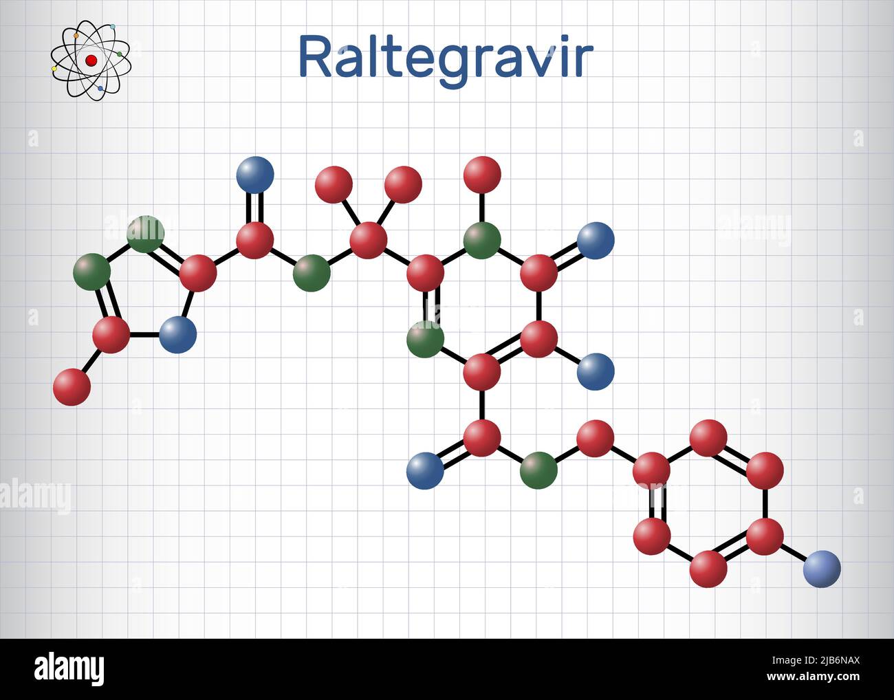 Raltegravir, RAL molecule. It is antiretroviral medication, used to treat HIV, AIDS. Molecule model. Sheet of paper in a cage.Vector illustration Stock Vector