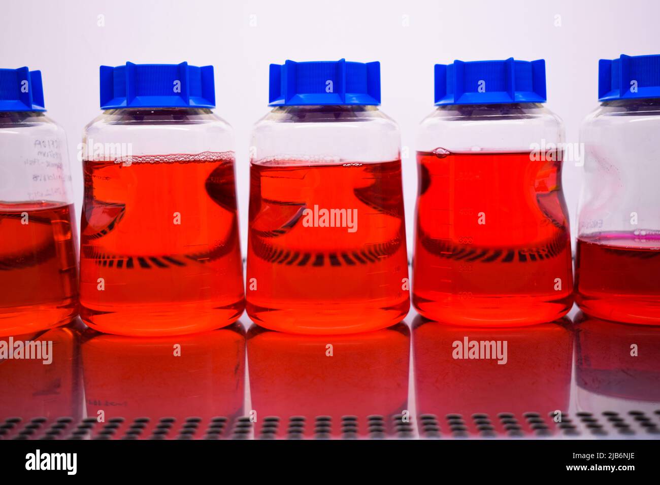 Cell medium bottles in the hepa filtered cabin at cell tissue culture