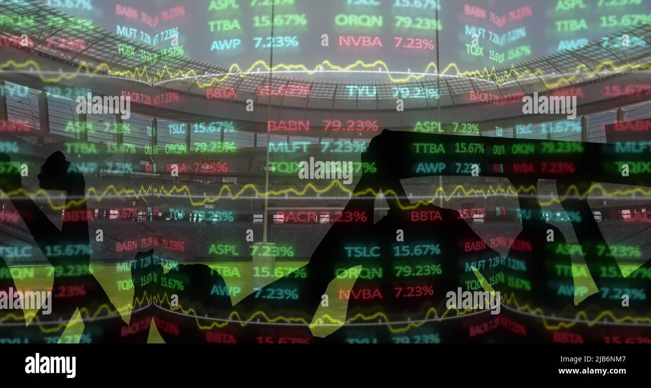 Image of data processing on interface over sports fans at stadium Stock