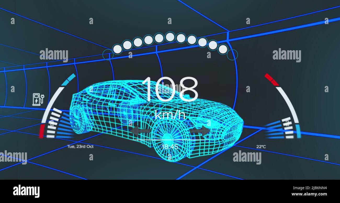Image of speedometer, gps and charge status data on vehicle interface ...