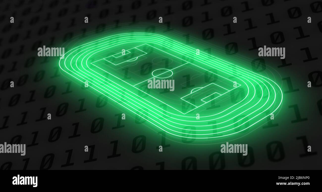 Image of neon sports stadium over binary coding Stock Photo