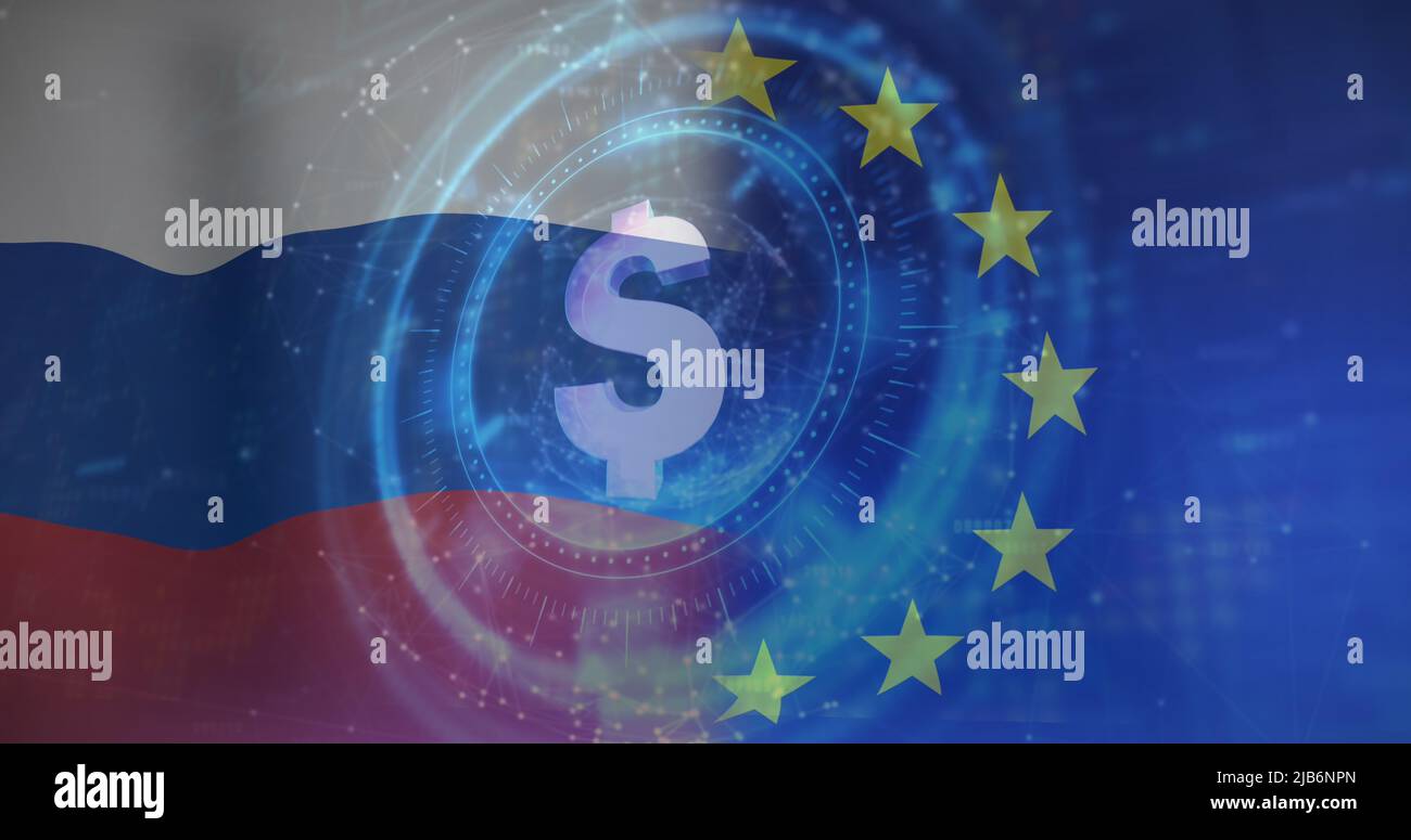 Image of digital interface with dollar symbol over eu and russian flasg Stock Photo