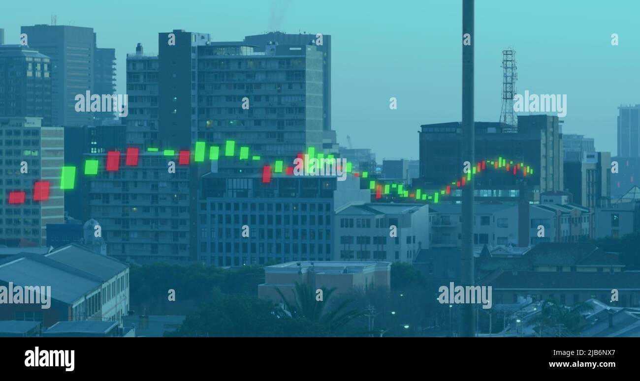 Composite image of glowing financial data processing against cityscape Stock Photo