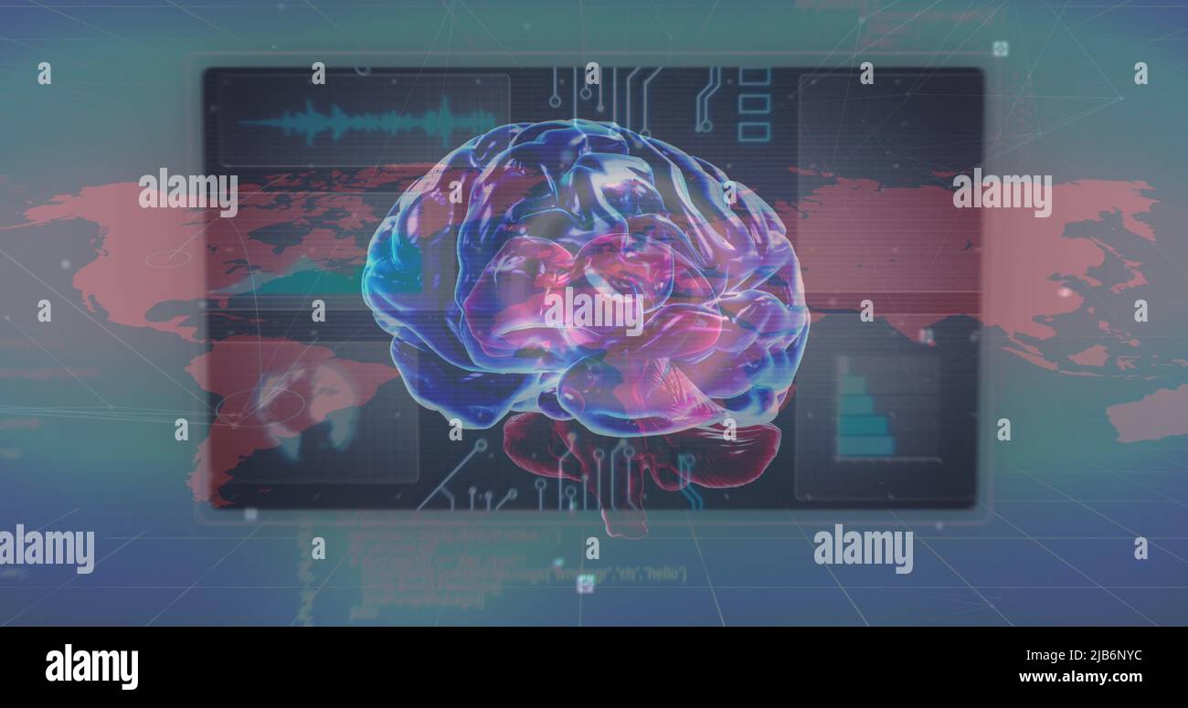 Image of human brain, data processing over world map Stock Photo Alamy